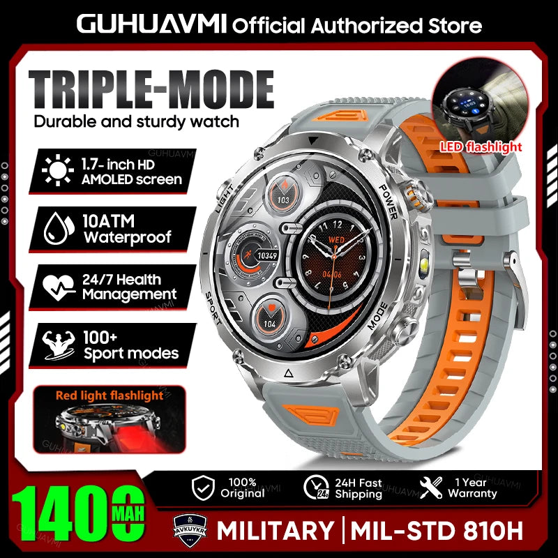 2026 New Military 1400mAh Battery Smart Watch Men Outdoor Flashlight 10ATM Waterproof Heart Rate Bluetooth Call Sports Bracelets