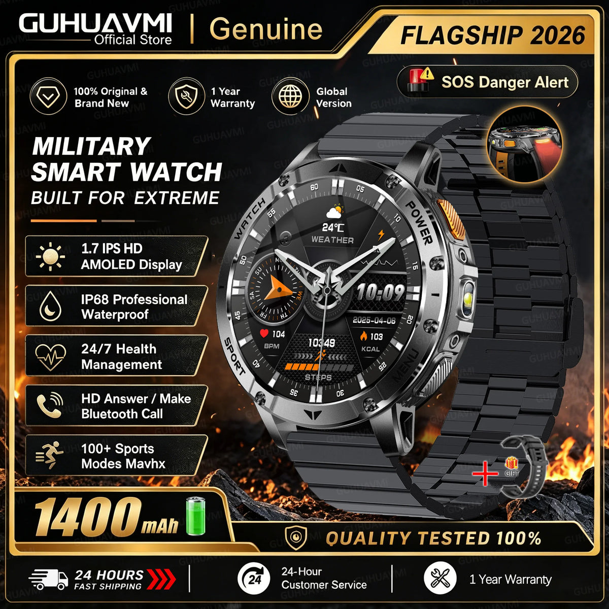 Men Rugged Steel Sport Smart Watch 1400mAh Battery 1.7" HD Bluetooth Call 10ATM Waterproof Heart Rate Fitness Trackr Smartwatch