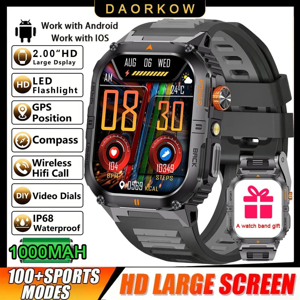 2026 1000mAh military outdoor smartwatch 2.01 inches LED flashlight IP68 waterproof Heart rate sleep Bluetooth call sport watch