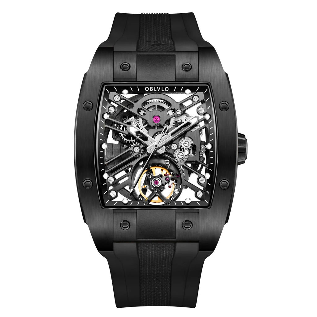 OBLVLO Top Watch Brand Sport Watch For Man Square Skeleton Watch Steel Automatic Mechanical Watch Rubber Strap Watches EM-ST