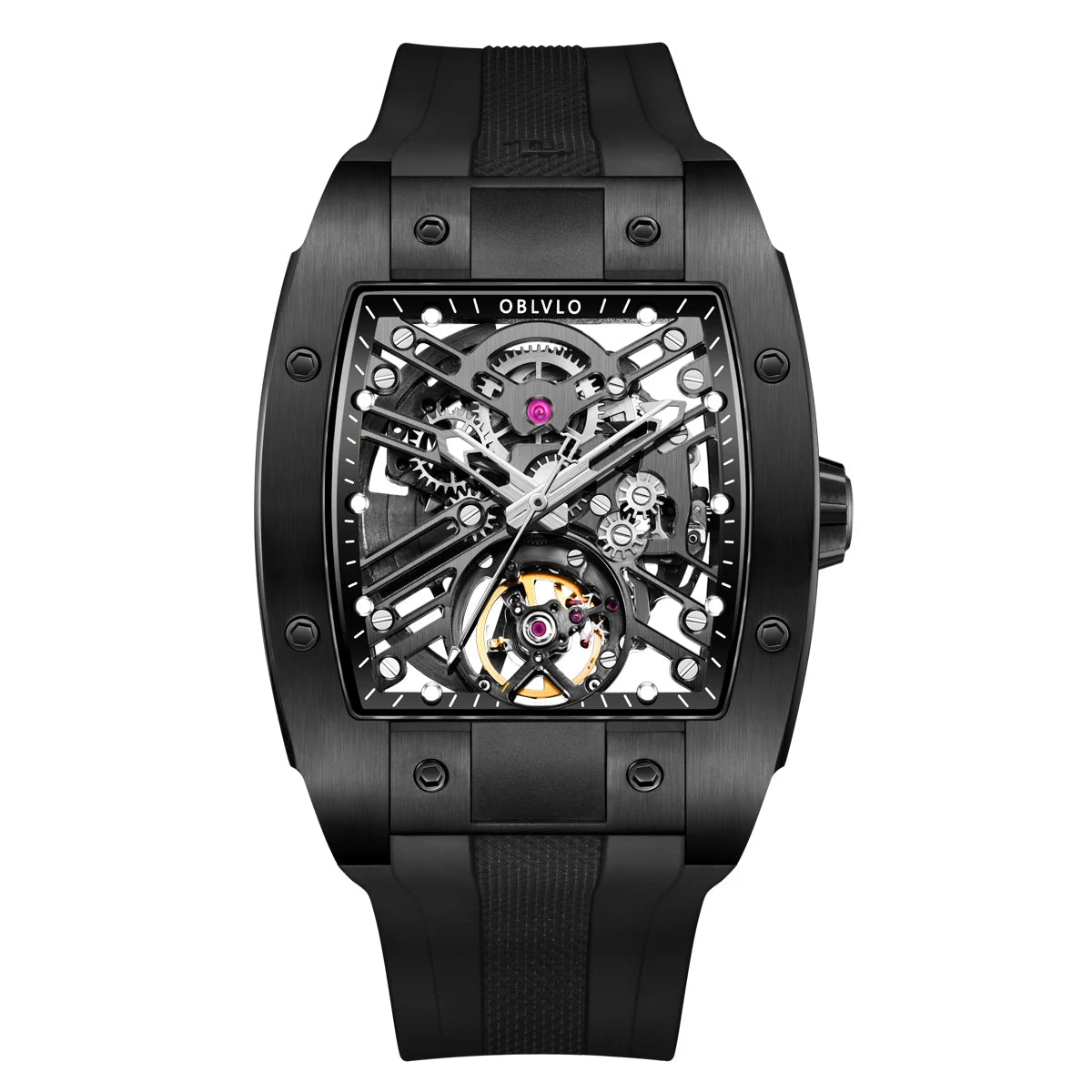 OBLVLO Top Watch Brand Sport Watch For Man Square Skeleton Watch Steel Automatic Mechanical Watch Rubber Strap Watches EM-ST