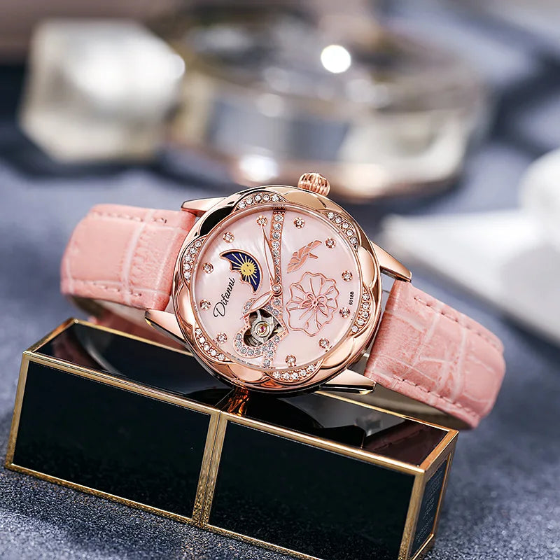 Watches Women Fashion Watch 2023 Automatic Mechanical Rhinestone Skeleton Dial Premium Leather Band Elegant Lady Watch New