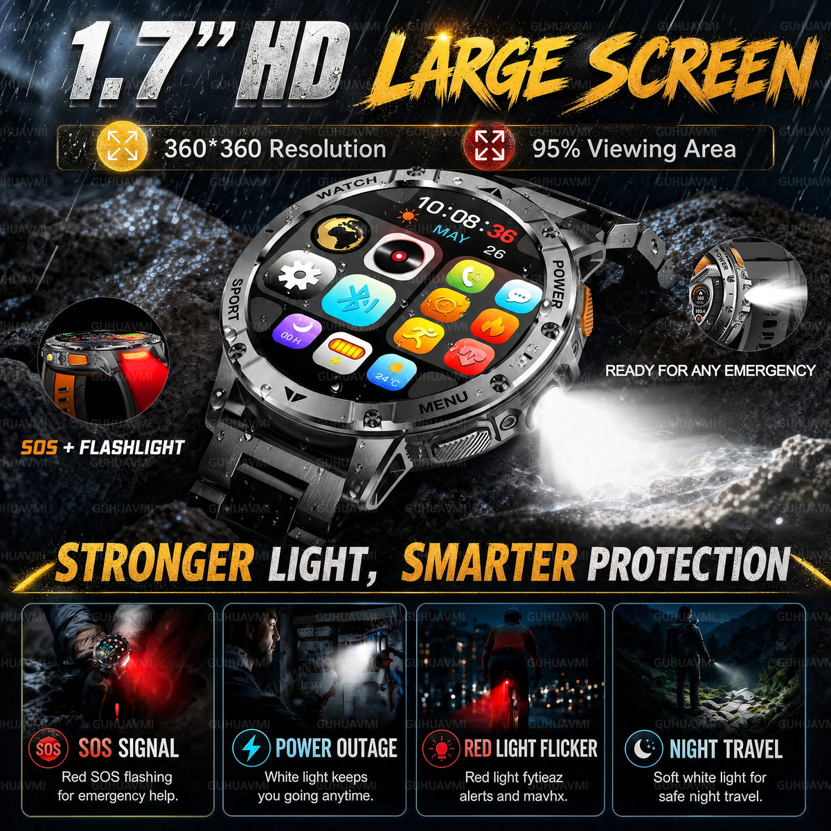 2026New Military 1400mAh Battery Smartwatch Men 1.7 inches Sapphire glass 5ATM Waterproof Flashlight Sports Bluetooth call Watch