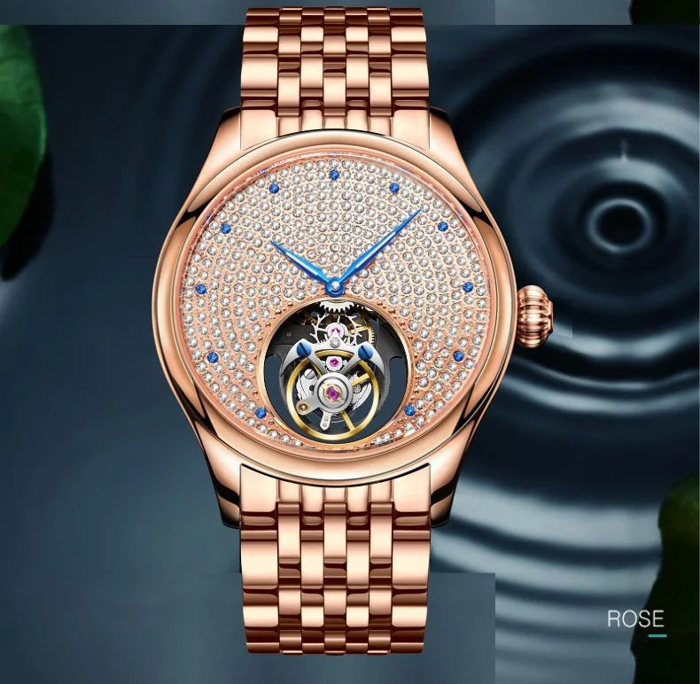 AESOP luxury starry sky men's tourbillon mechanical watch, manual movement hollow full diamond steel watch, 3Bar leather strap A