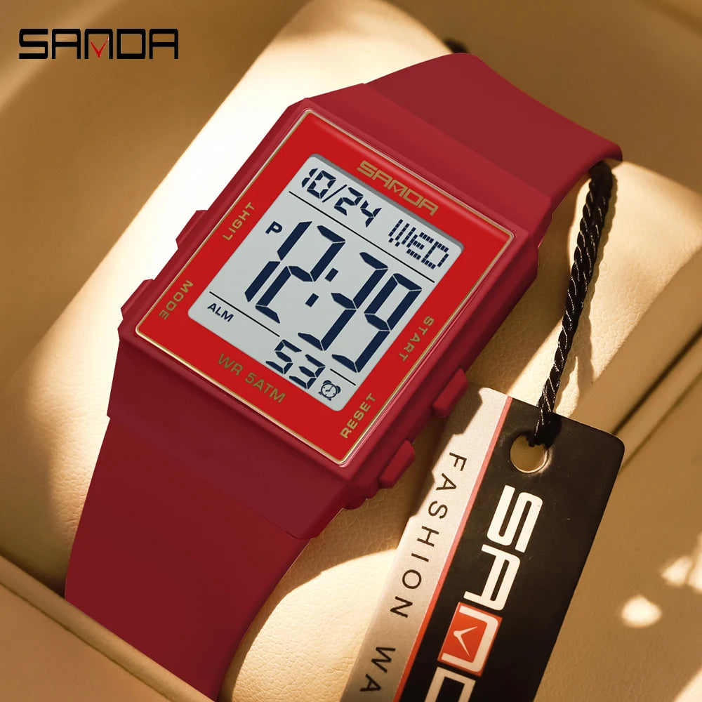 SANDA Women's Casual Digital Watches LED Lighting Stopwatch Alarm Clock Time Display 3ATM Waterproof Lady Elegant Watches