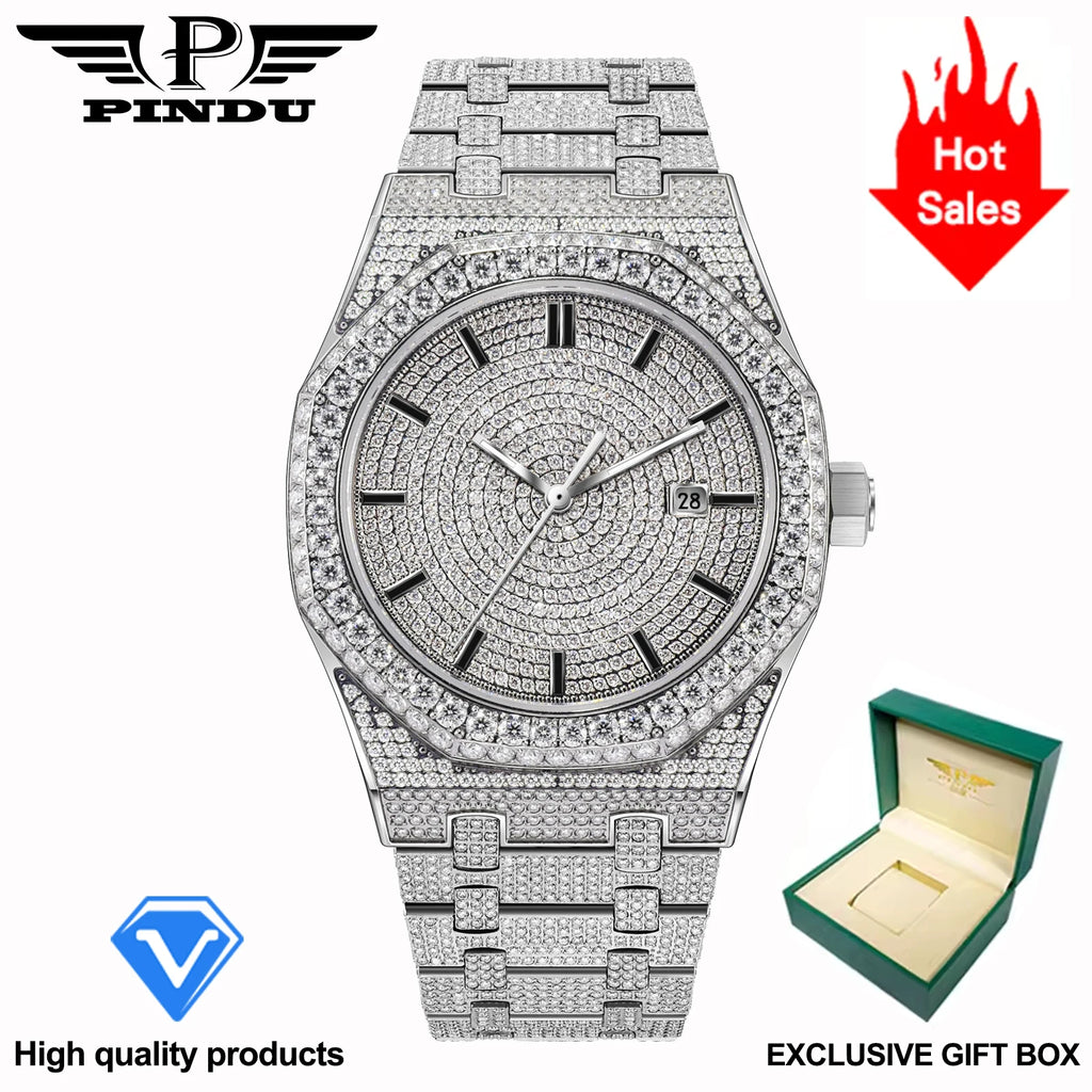 PINDU Design NEW Mozambique Diamond mechanical watch men 8215 movement sapphire stainless steel waterproof fully automatic watch
