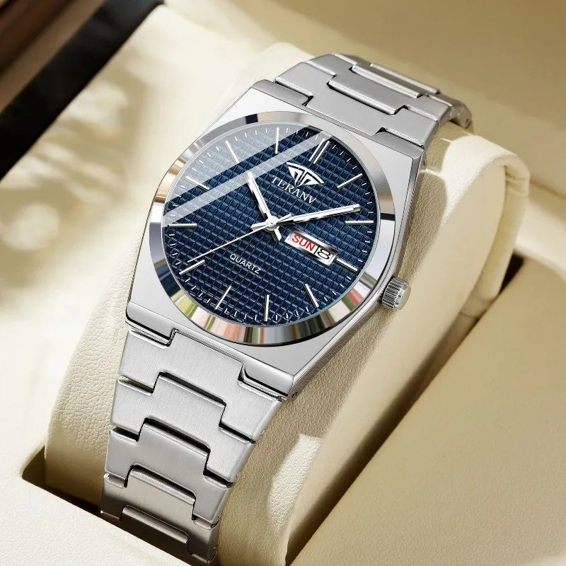 Men's watch, steel belt double calendar ultra-thin luminous fashion quartz watch