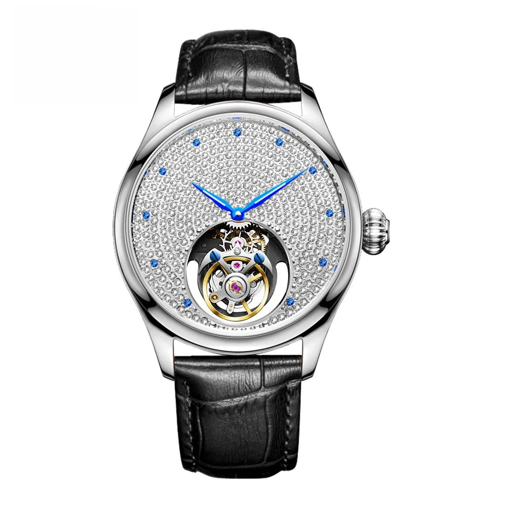AESOP luxury starry sky men's tourbillon mechanical watch, manual movement hollow full diamond steel watch, 3Bar leather strap A