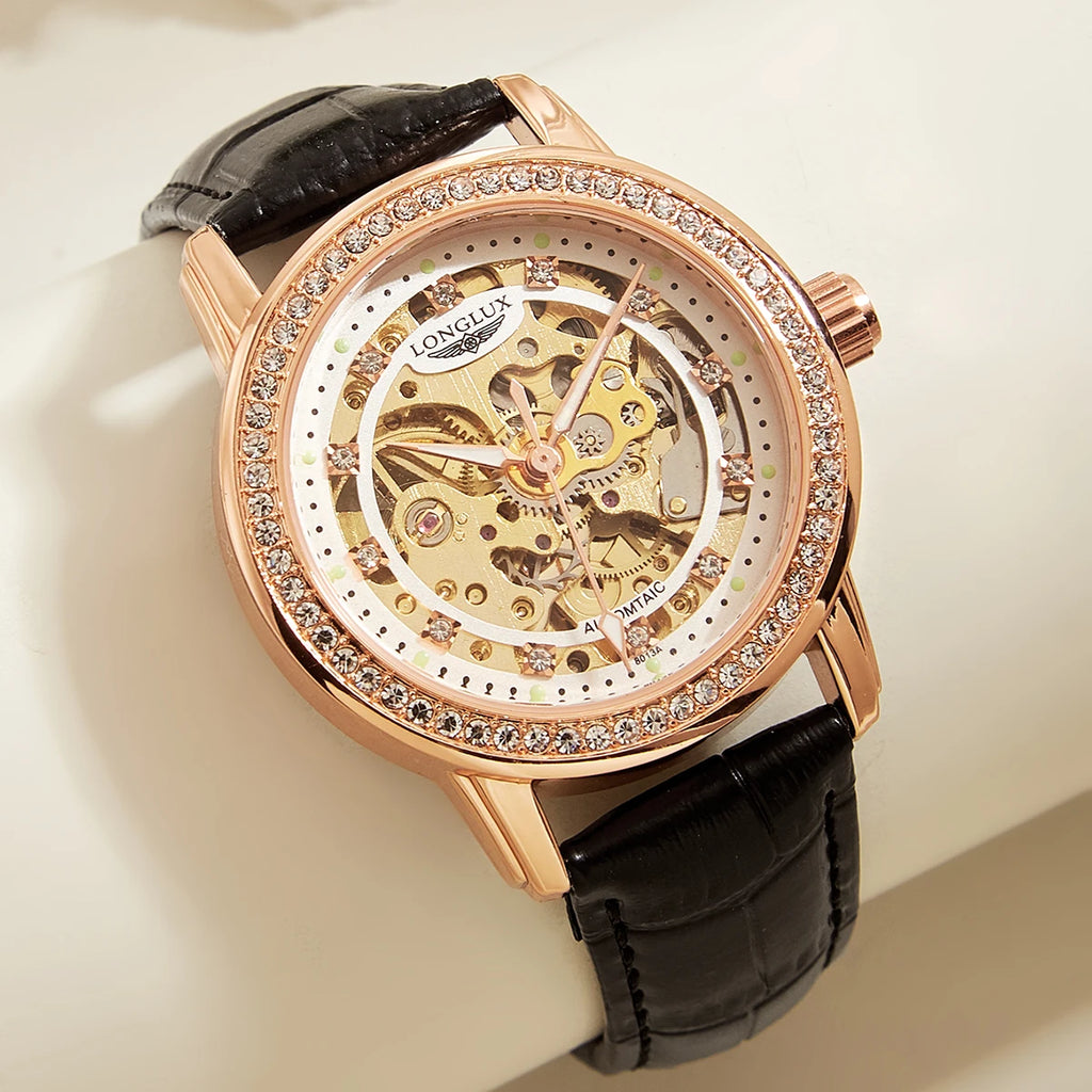 Women automatic watch elegant diamond skeleton fashion cute mechanical watches leather dainty waterproof luxury gifts