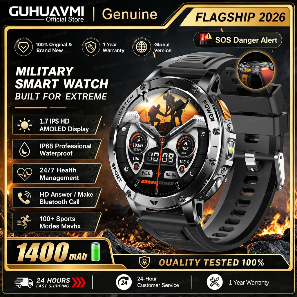 Men Rugged Steel Sport Smart Watch 1400mAh Battery 1.7" HD Bluetooth Call 10ATM Waterproof Heart Rate Fitness Trackr Smartwatch