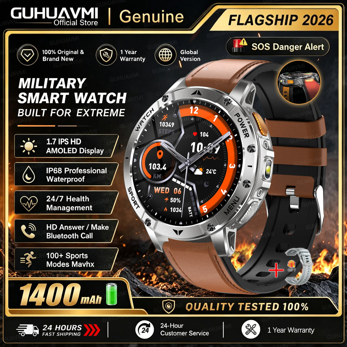 Men Rugged Steel Sport Smart Watch 1400mAh Battery 1.7" HD Bluetooth Call 10ATM Waterproof Heart Rate Fitness Trackr Smartwatch