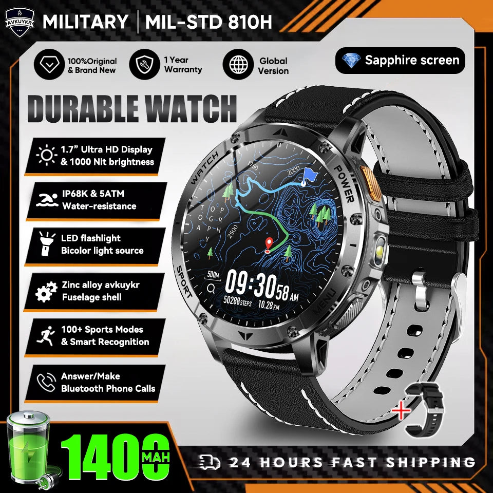 New Outdoor Sports Fitness 1.7 Inch Smart Watch 1400mAh Battery Waterproof SOS Dual-Color Flashlight BT Call Smart watch For Men