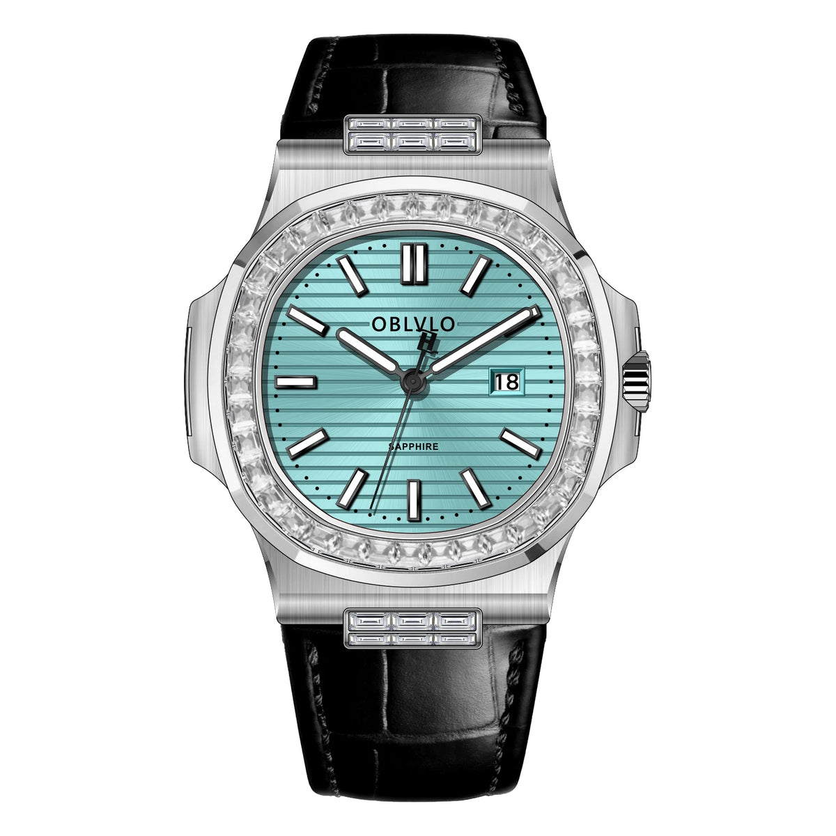 OBLVLO Fashion Men's Watch Rose Gold Case Diamonds Bezel Swiss Quartz Luminous Hands Sapphire Crystal Leather Strap FM-YWL-D