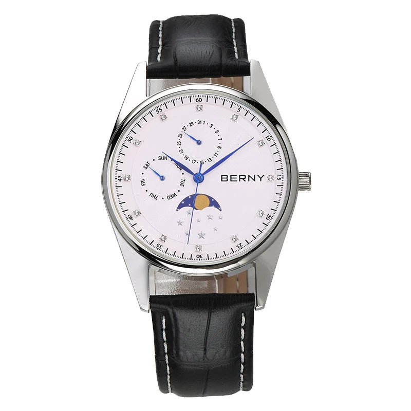 BERNY Couple Quartz Watch Moon Phase Day Top Calendar Men Wristwatch Leather Men/Women Dress Watch MIYOTA 6P20 Gift Watches