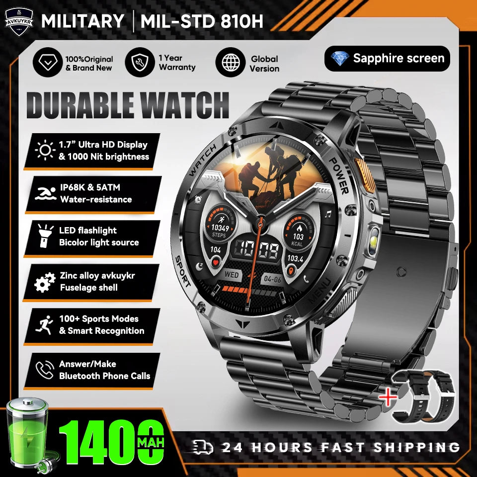 New Outdoor Sports Fitness 1.7 Inch Smart Watch 1400mAh Battery Waterproof SOS Dual-Color Flashlight BT Call Smart watch For Men