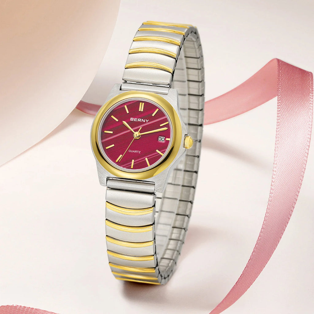 BERNY Gold Quartz Women Watch Fashion Easy Ware Women's Watches 3ATM Waterproof Stainless Steel Gold Expansion Band Ladies Watch