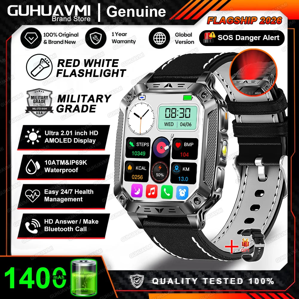 2026 New Built-in 1400mAh Super Large Battery Men Smart Watch Outdoor GPS 2.01"AMOLED Screen 10ATM Waterproof BT Call Smartwatch