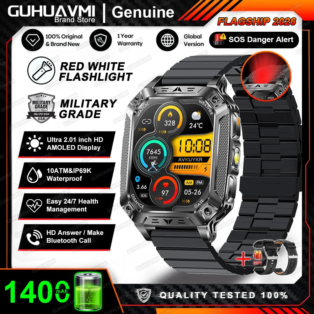 2026 New Built-in 1400mAh Super Large Battery Men Smart Watch Outdoor GPS 2.01"AMOLED Screen 10ATM Waterproof BT Call Smartwatch