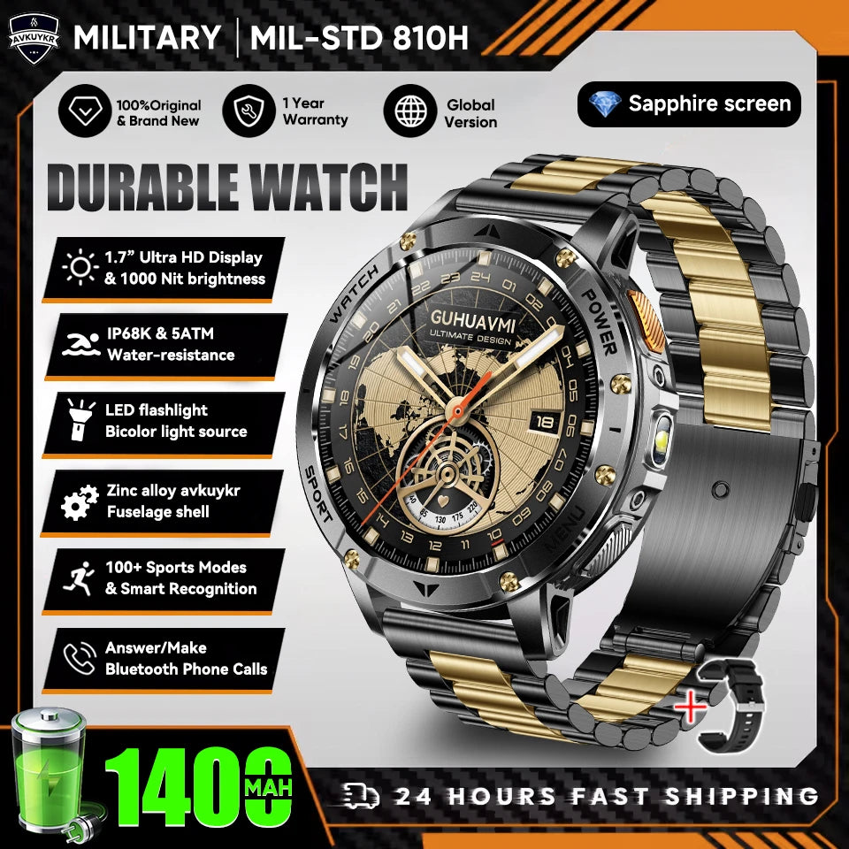 New Outdoor Sports Fitness 1.7 Inch Smart Watch 1400mAh Battery Waterproof SOS Dual-Color Flashlight BT Call Smart watch For Men