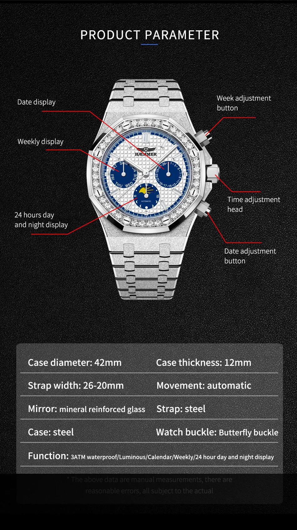 HAEMMER high-end design multifunctional men's watch stainless steel silver diamond face fashionable men's watch waterproof 30ATM