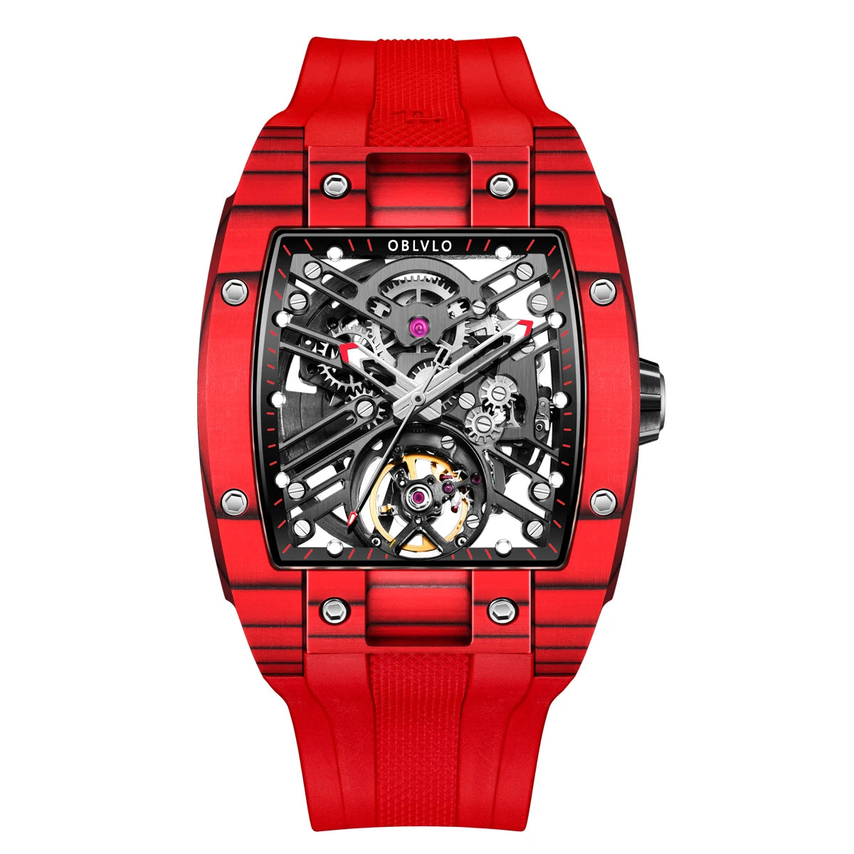 OBLVLO Top Watch Brand Sport Watch For Man Square Skeleton Watch Steel Automatic Mechanical Watch Rubber Strap Watches EM-ST