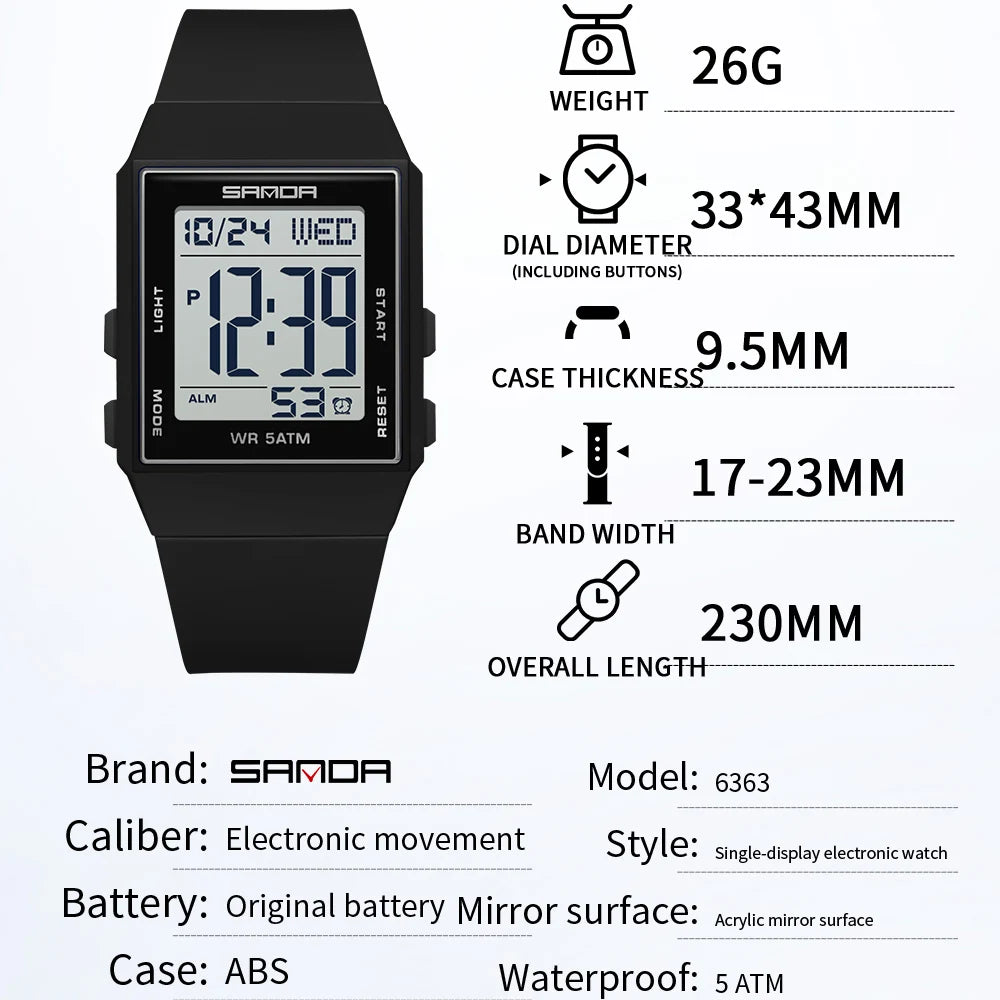 SANDA Women's Casual Digital Watches LED Lighting Stopwatch Alarm Clock Time Display 3ATM Waterproof Lady Elegant Watches