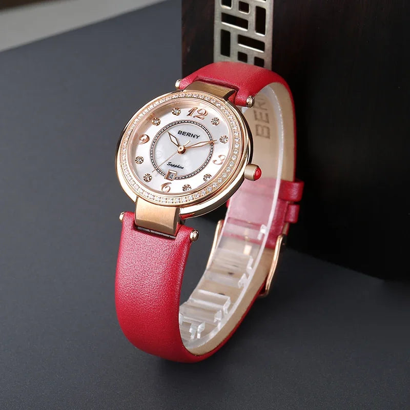 BERNY Watch for Women Calendar Sapphire Elegant Quartz Women's Wristwatch Luxury Diamond inlaid Clock S/S Leather Ladies Watches