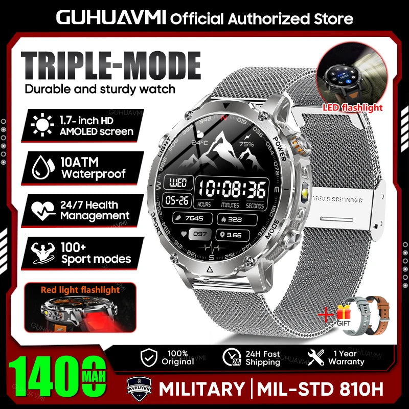 2026 New Military 1400mAh Battery Smart Watch Men Outdoor Flashlight 10ATM Waterproof Heart Rate Bluetooth Call Sports Bracelets