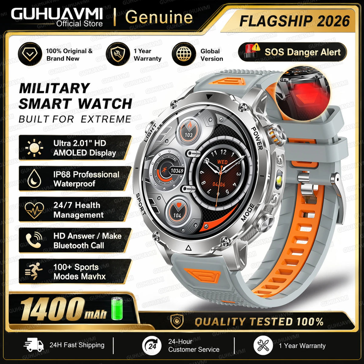 New 1400mAh Ultra Big Battery Smart Watch GPS path Waterproof Swim Sport Run tracker Outdoors Flashlight Military Smartwatch Men