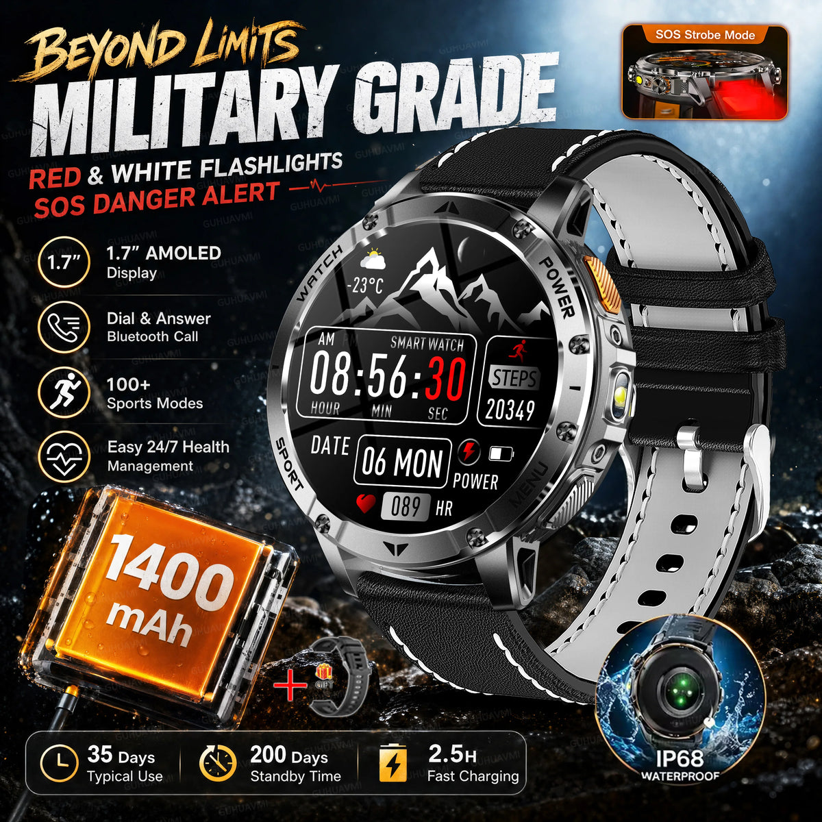 2026 Military Grade Smartwatch Men 1400mAh Ultra Long Battery 24/7 Health Monitor 10ATM Waterproof Outdoor Sport Smart Watches