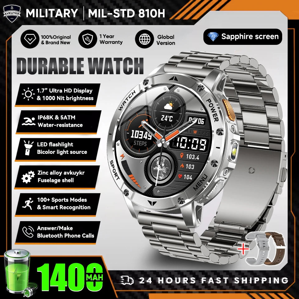 New Outdoor Sports Fitness 1.7 Inch Smart Watch 1400mAh Battery Waterproof SOS Dual-Color Flashlight BT Call Smart watch For Men
