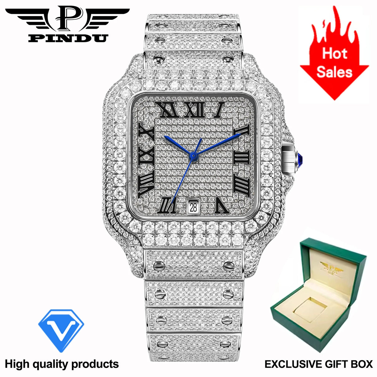 PINDU Design NEW Mozambique Diamond mechanical watch men 8215 movement sapphire stainless steel waterproof fully automatic watch