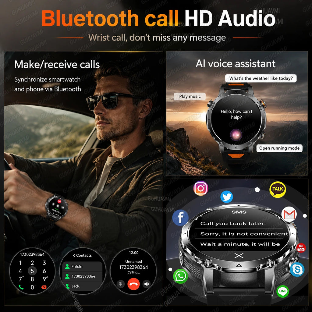 2026 New Military 1400mAh Battery Smart Watch Men Outdoor Flashlight 10ATM Waterproof Heart Rate Bluetooth Call Sports Bracelets