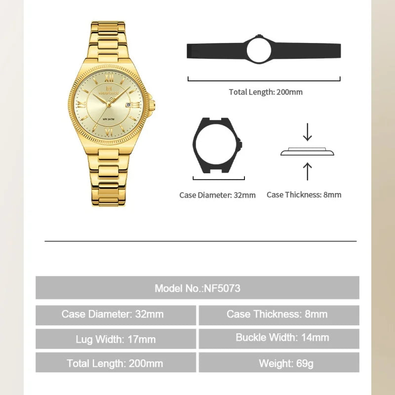 High Quality NAVIFORCE 2026 Woman Quartz Watch Retro Watches 3ATM Waterproof Stainless Steel Watchband  Ladies' Watches NF5073