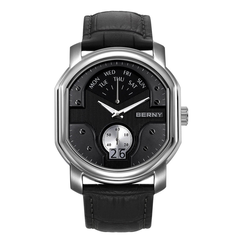 BERNY Tonneau Classic Men's Watch Quartz Luxury Top Watches Ronda 7004N Day Stainless Steel Sapphire Pendulum Dial Watch for Men