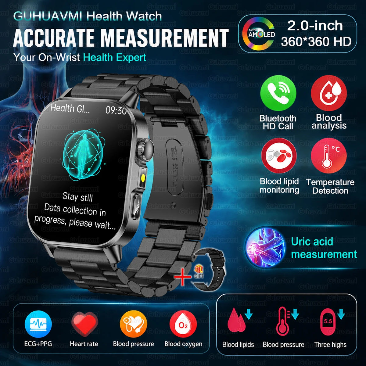 2026 Nursing Grade Smartwatch Men 2.0inch AMOLED ECG Heart Health BP Lipid Uric Acid Monitor Bluetooth Call Outdoor Sports Watch