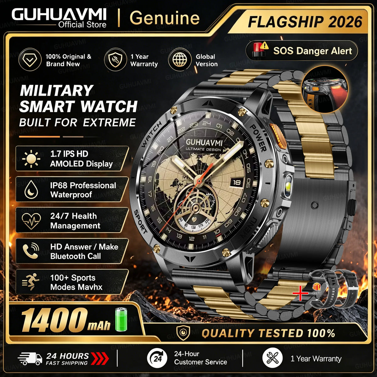 Men Rugged Steel Sport Smart Watch 1400mAh Battery 1.7" HD Bluetooth Call 10ATM Waterproof Heart Rate Fitness Trackr Smartwatch