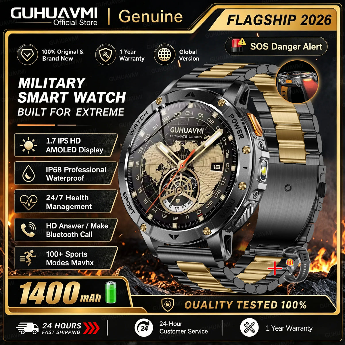 Men Rugged Steel Sport Smart Watch 1400mAh Battery 1.7" HD Bluetooth Call 10ATM Waterproof Heart Rate Fitness Trackr Smartwatch