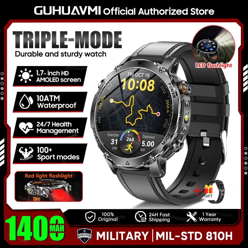 2026 New Military 1400mAh Battery Smart Watch Men Outdoor Flashlight 10ATM Waterproof Heart Rate Bluetooth Call Sports Bracelets