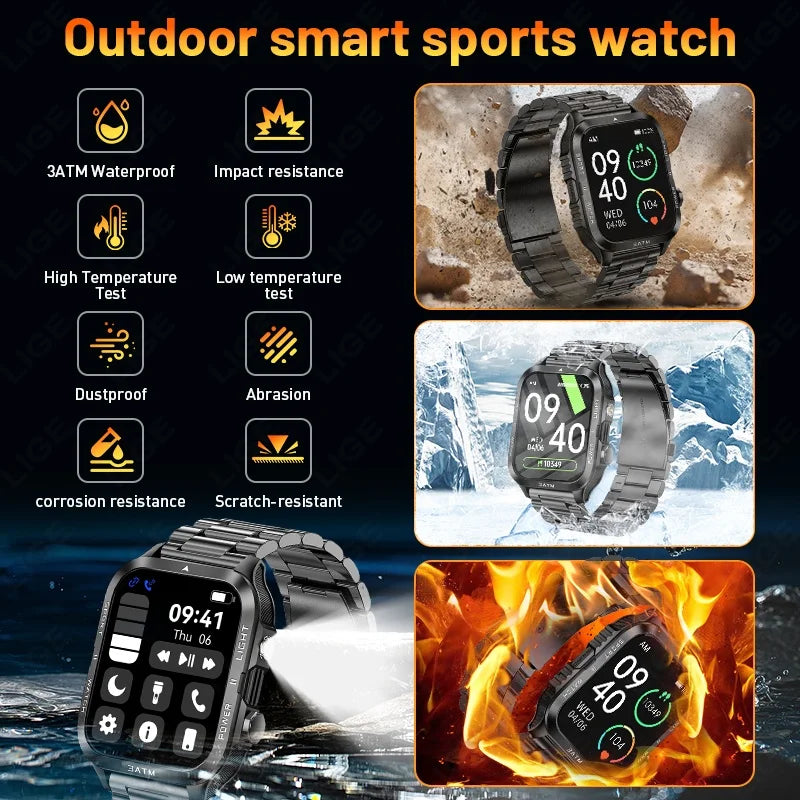LIGE 2026 New 1.96"HD Screen Smartwatch Men Sports 880mAh Battery Bluetooth Call LED Flashlight 3ATM Waterproof Men Smart Watch