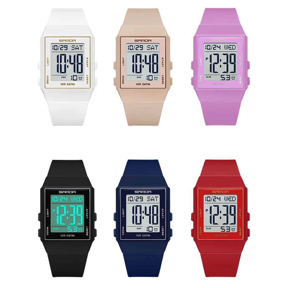 SANDA Women's Casual Digital Watches LED Lighting Stopwatch Alarm Clock Time Display 3ATM Waterproof Lady Elegant Watches