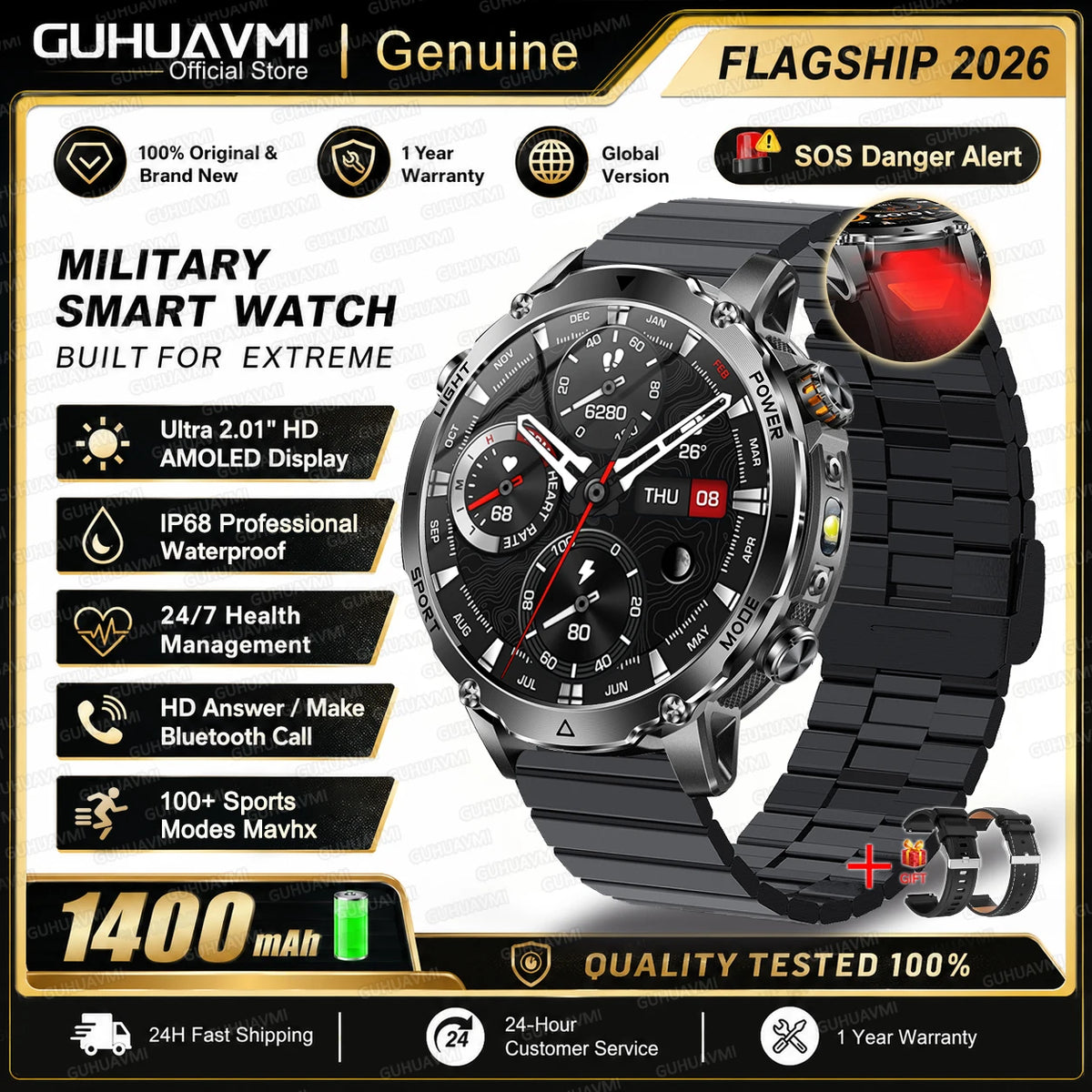 New 1400mAh Ultra Big Battery Smart Watch GPS path Waterproof Swim Sport Run tracker Outdoors Flashlight Military Smartwatch Men