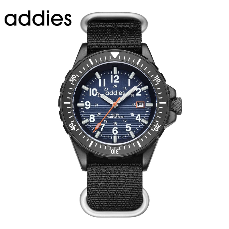 ADDIES 2026 New Men's Sports Quartz Watch Nylon Strap Swimming Waterproof Watch Tubular Luminous Outdoor Fashion Quartz Watch