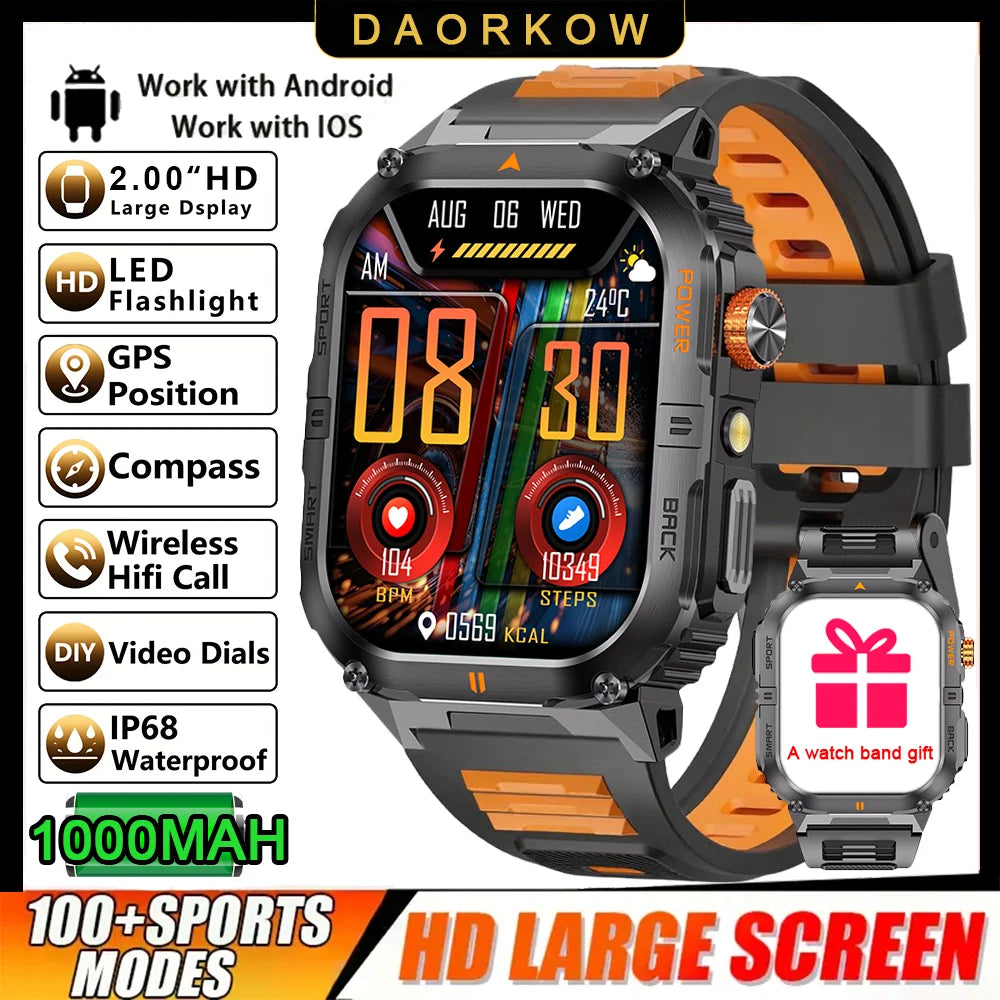2026 1000mAh military outdoor smartwatch 2.01 inches LED flashlight IP68 waterproof Heart rate sleep Bluetooth call sport watch