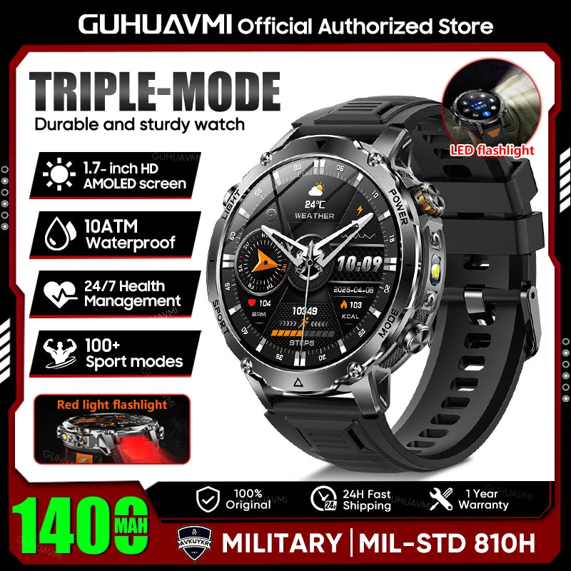 2026 New Military 1400mAh Battery Smart Watch Men Outdoor Flashlight 10ATM Waterproof Heart Rate Bluetooth Call Sports Bracelets