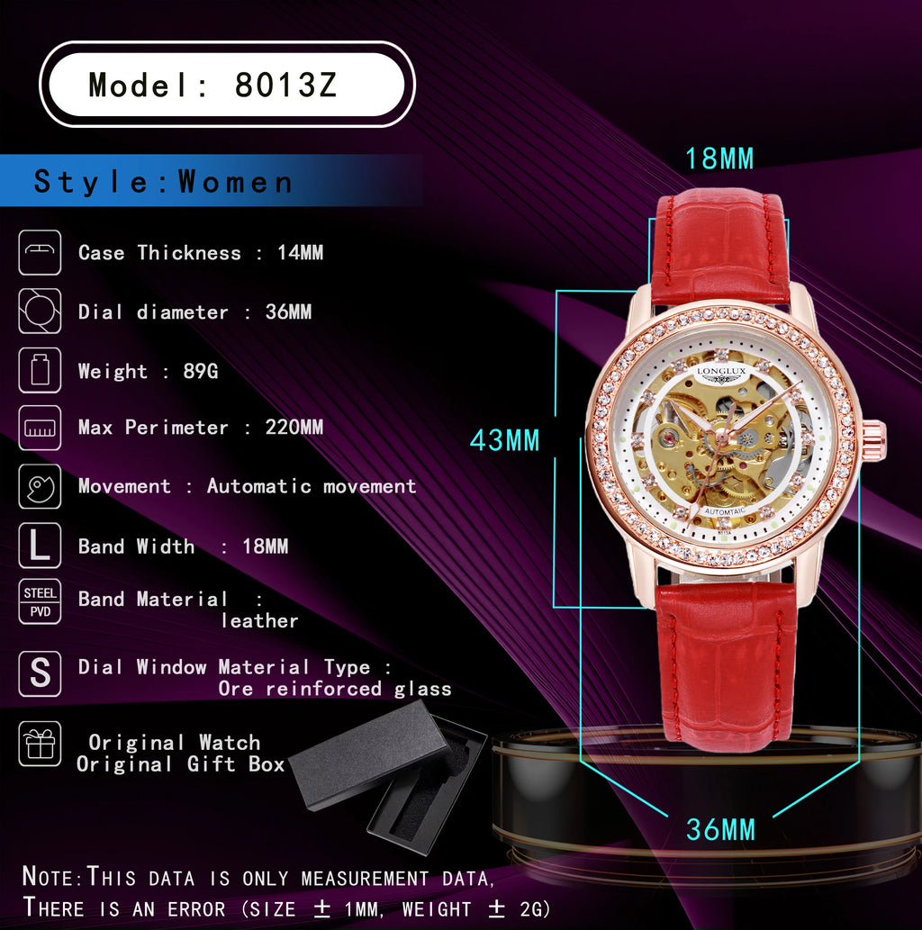 Women automatic watch elegant diamond skeleton fashion cute mechanical watches leather dainty waterproof luxury gifts