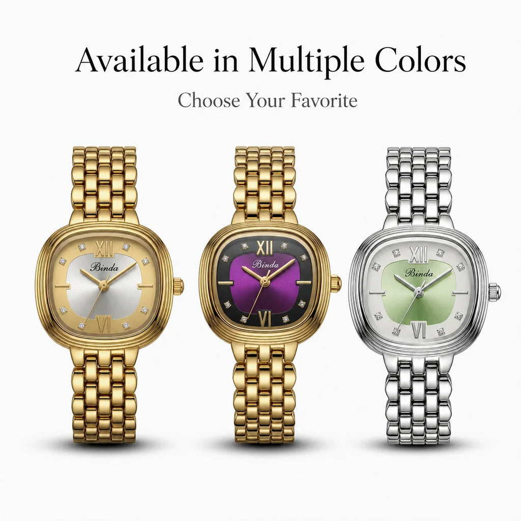 Binda Women's Retro Gold Square Quartz Watch - Roman Numerals, Two-Tone Dial, Gold Metal Bracelet, Elegant Light Luxury