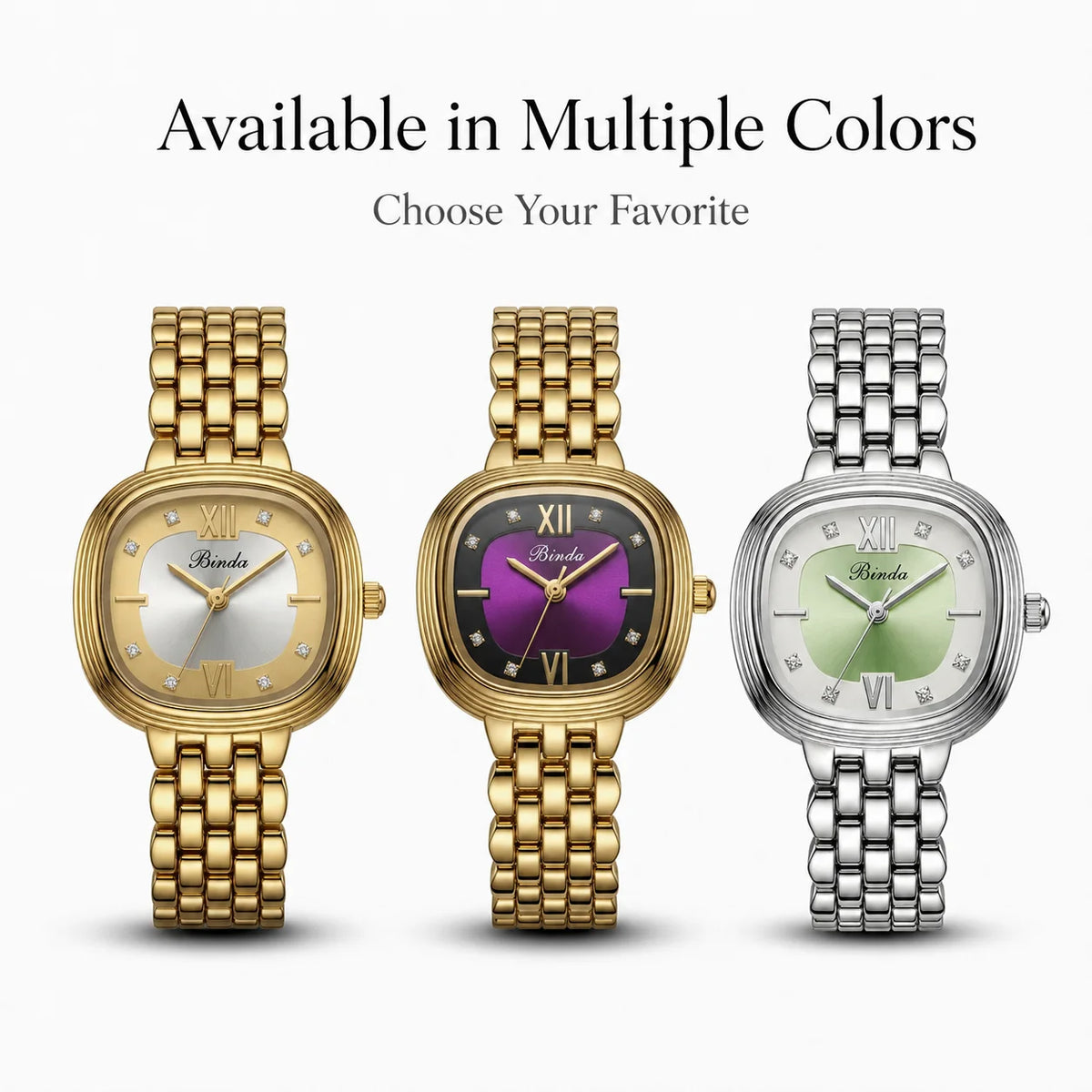 Binda Women's Retro Gold Square Quartz Watch - Roman Numerals, Two-Tone Dial, Gold Metal Bracelet, Elegant Light Luxury