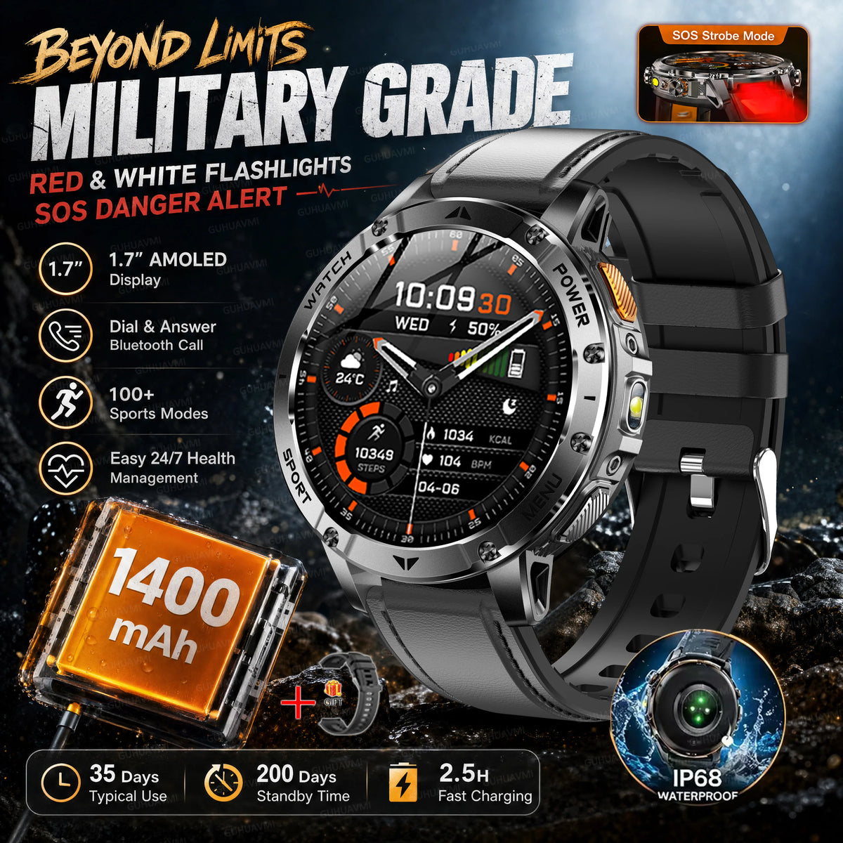 2026 Military Grade Smartwatch Men 1400mAh Ultra Long Battery 24/7 Health Monitor 10ATM Waterproof Outdoor Sport Smart Watches