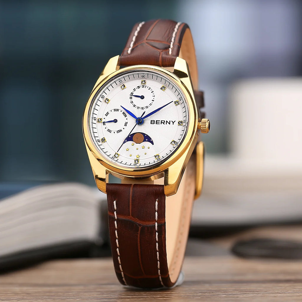 BERNY Couple Quartz Watch Moon Phase Day Top Calendar Men Wristwatch Leather Men/Women Dress Watch MIYOTA 6P20 Gift Watches
